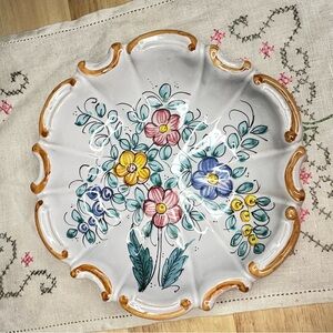 Vintage Italian Hand Painted Floral Scalloped Trinket Dish 7”